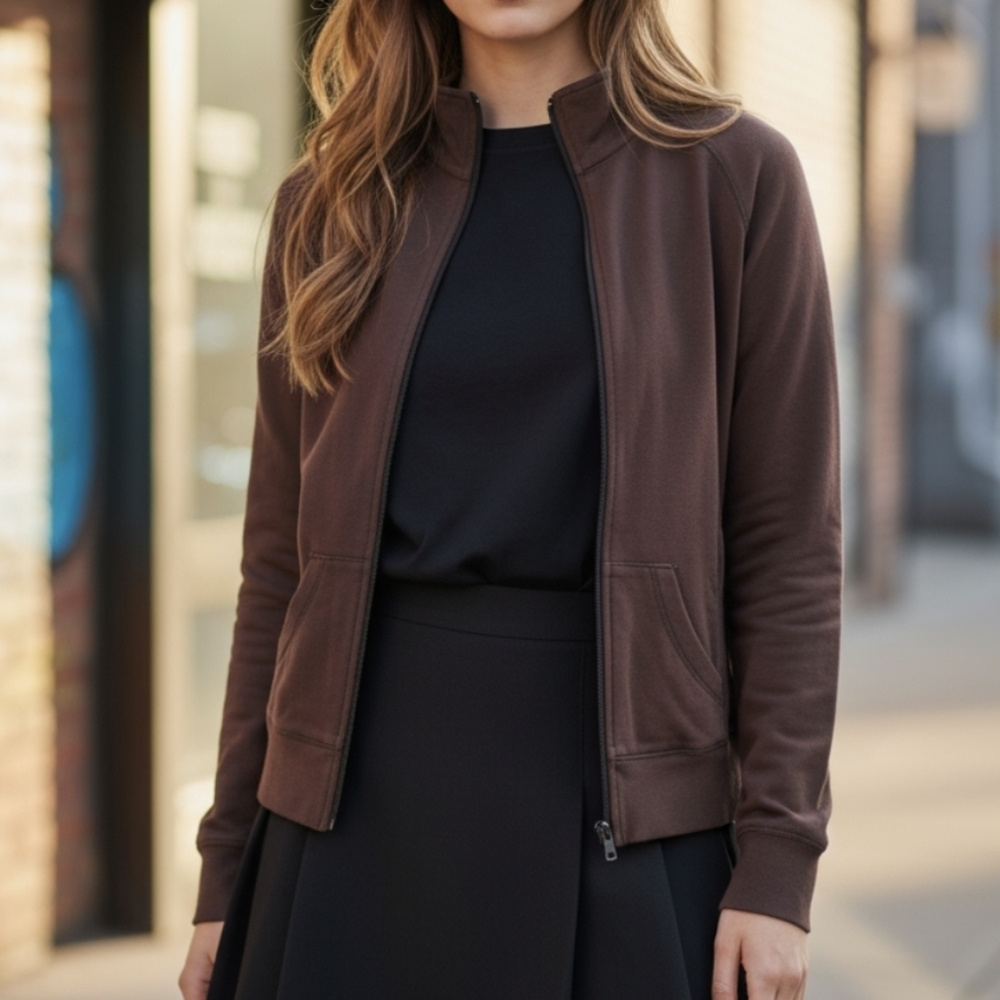 Brown zip up hoodie.